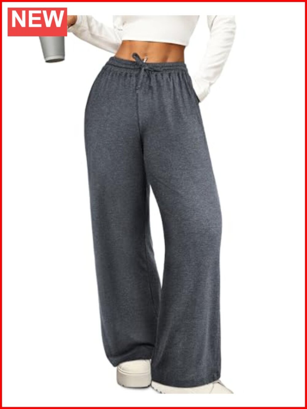 Ribbed Knit Wide Leg Lounge Pants Drawstring Pull On Trousers with Pockets